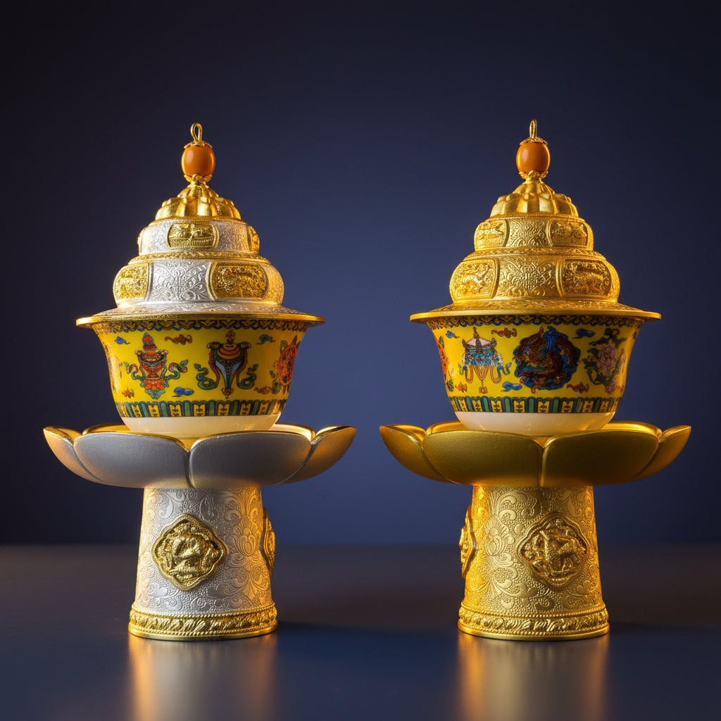 Tibetan Buddhist ceremonial offering vessel pair in gold and silver with enamel paintings and lotus base